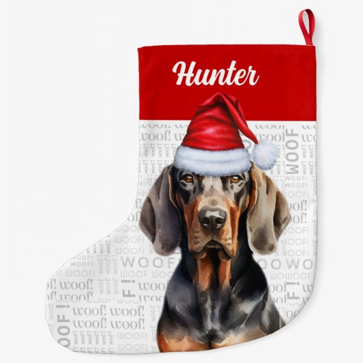 Kerst Black Tan Coonhound met de naam van de hond Grote Kerstsok (Achterkant)