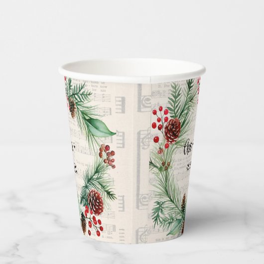Kerst Blad Muziek Rode Berry Krans Trouwen Papieren Bekers (Rechts)