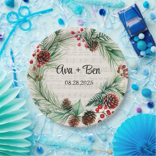 Kerst Blad Muziek Rode Berry Krans Trouwen Papieren Bordje (Feest)