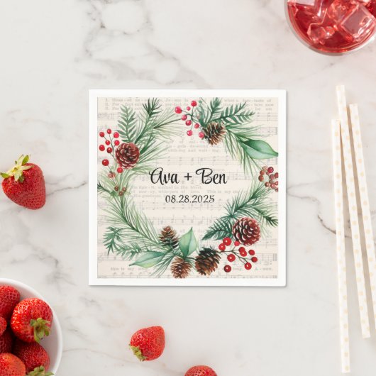 Kerst Blad Muziek Rode Berry Krans Trouwen Servet (Insitu)