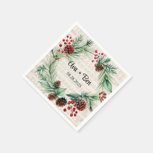 Kerst Blad Muziek Rode Berry Krans Trouwen Servet (Hoek)
