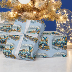 Kerst Blauw en Goud Locomotief Cadeaupapier