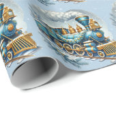Kerst Blauw en Goud  Locomotief Cadeaupapier (Rol Hoek)