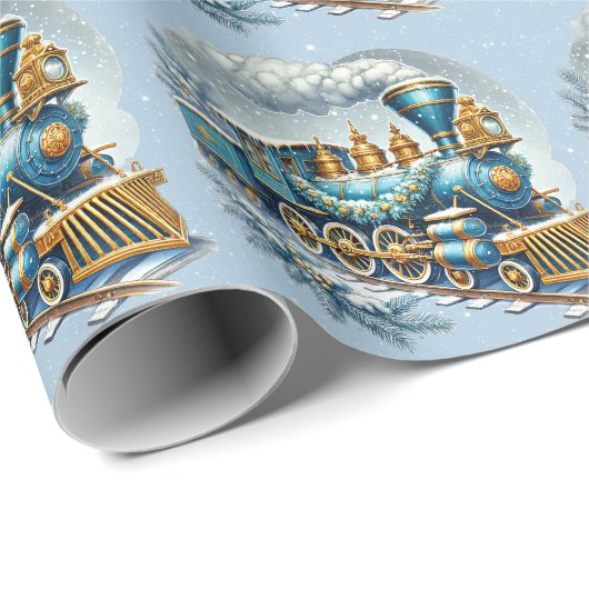 Kerst Blauw en Goud  Locomotief Cadeaupapier (Rol Hoek)