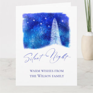 Kerst blauw en wit Stille Nacht besneeuwde boom Kaart