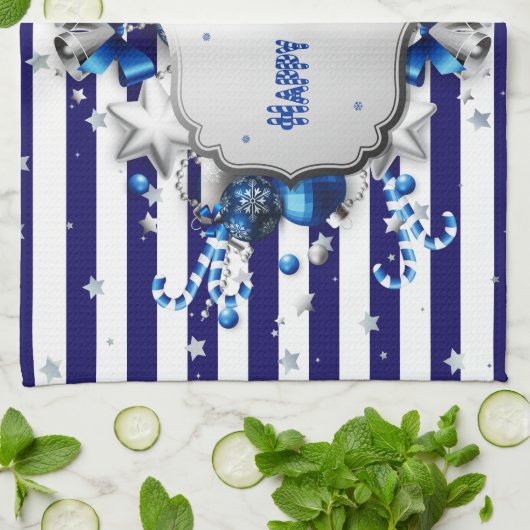 Kerst blauw gestreepte keukenhanddoek (Gevouwen)
