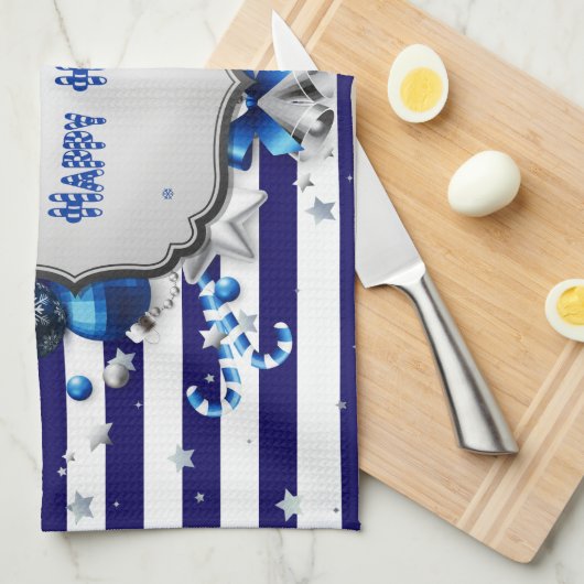 Kerst blauw gestreepte keukenhanddoek (Quarter Fold)