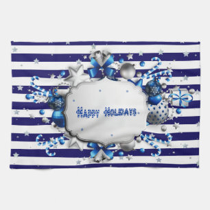 Kerst blauw gestreepte keukenhanddoek