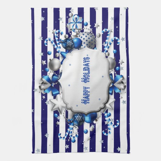 Kerst blauw gestreepte keukenhanddoek (Verticaal)