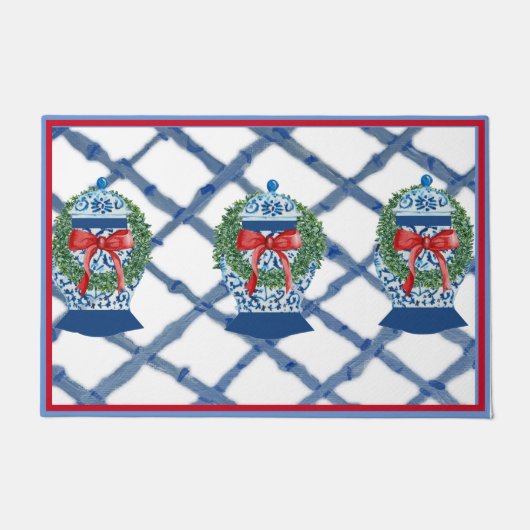 Kerst Blauw Ginger Jars Deurmat Welkom mat (Voorkant)