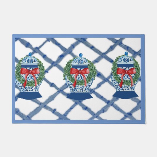 Kerst Blauw Ginger Jars Deurmat Welkom mat (Voorkant)