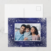 Kerst blauw glitter familie foto briefkaart (Voorkant / Achterkant)