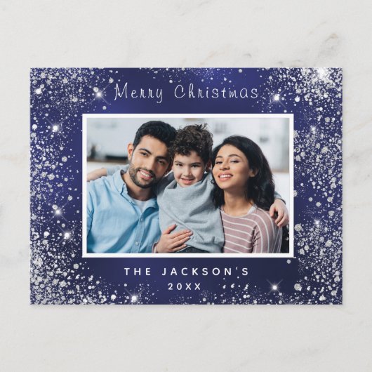 Kerst blauw glitter familie foto briefkaart (Voorkant)