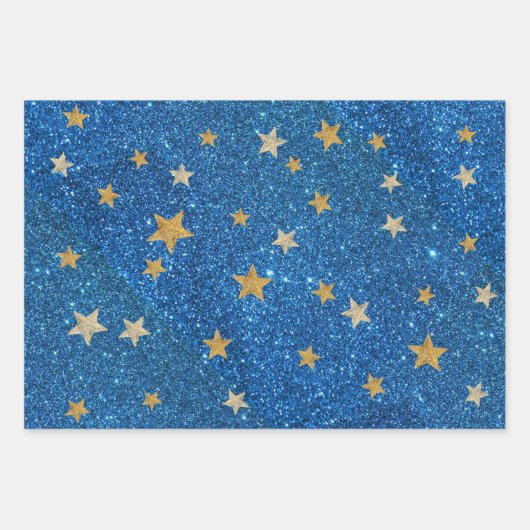 Kerst Blauw Glitter Gouden Sterren, Bloemrijke Gla Inpakpapier Vel (Voorkant)
