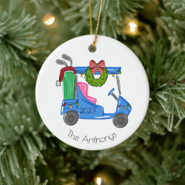 Kerst Blauw Golfkar Gepersonaliseerde Preppy Keramisch Ornament