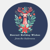 Kerst Blauw Rendier Bloemen Vakantie Ronde Sticker (Voorkant)