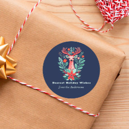 Kerst Blauw Rendier Bloemen Vakantie Ronde Sticker