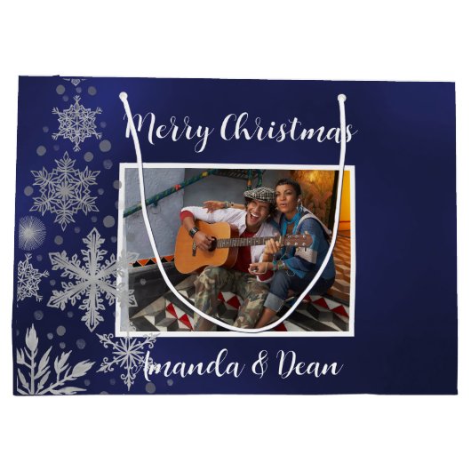 Kerst blauw sneeuwvlokken foto groot cadeauzakje (Achterkant)