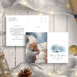 Kerst Blauw Winter Dorp Rustiek Landschap Foto Briefkaart