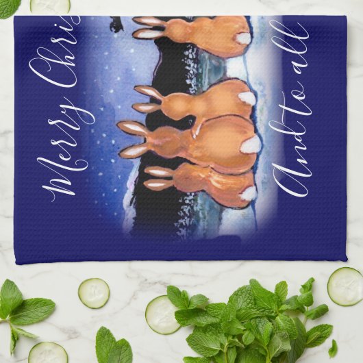 Kerst Blauw Winter Konijnenkonijnenscène Schattige Theedoek (Gevouwen)