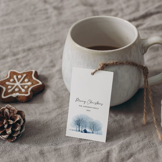 Kerst Blauw Winter Village Rustiek Landschap Cadeaulabel