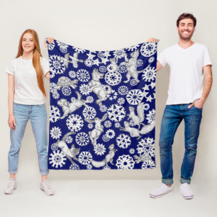 Kerst Blauw Wit Dieren & Sneeuwvlokken Vakantie Fleece Deken
