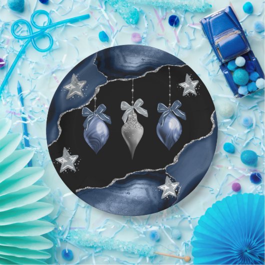 Kerst Blauw/Zilver Ornamenten op Agaat Art Papieren Bordje (Feest)