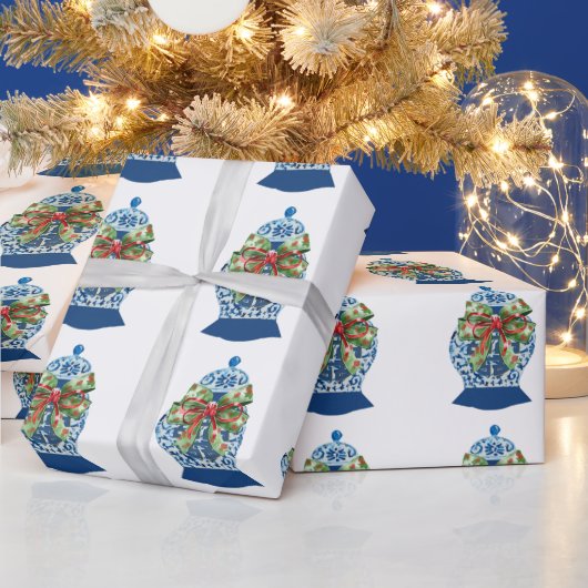 Kerst Blauwe Ginger Jars Wrapping Paper Cadeaupapier (Feestdagen)