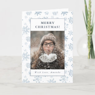 Kerst Blauwe Sneeuwvlok Waterverf Custom Foto Feestdagen Kaart