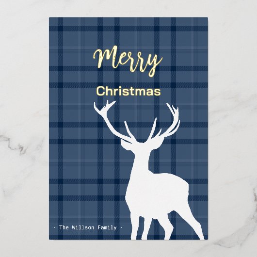 Kerst Blauwe Tartan en Herten Folie Feestdagenkaart (Voorkant)