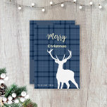 Kerst Blauwe Tartan en Herten Folie Feestdagenkaart<br><div class="desc">Een stijlvol modern foto vakantie gouden folie wenskaart met uw achternaam. Elegant Blauw Tartan,  Met Wit,  en Goud.</div>