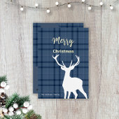 Kerst Blauwe Tartan en Herten Folie Feestdagenkaart