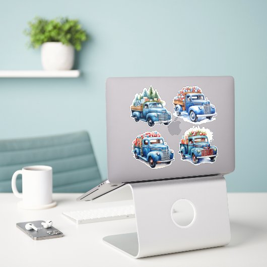 Kerst Blauwe  Trucks Sticker (Laptop op bureau)