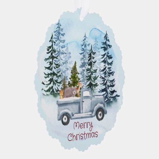 Kerst  Blauwe Vrachtwagen Winterscène Ornament Kaart (Rechts)