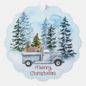 Kerst Blauwe Vrachtwagen Winterscène Ornament Kaart (Voorkant)