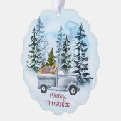 Kerst Blauwe Vrachtwagen Winterscène Ornament Kaart (Links)
