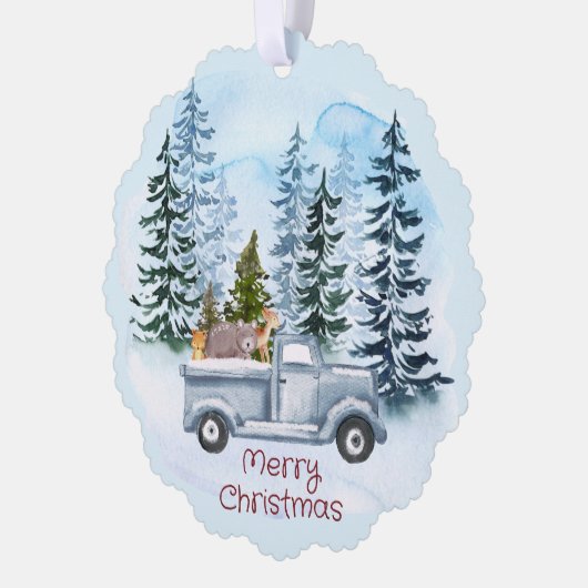 Kerst  Blauwe Vrachtwagen Winterscène Ornament Kaart (Links)