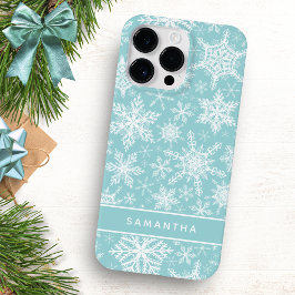Kerst Blauwgroen en witte sneeuwvlokken monogram Case-Mate iPhone 14 Pro Max Hoesje