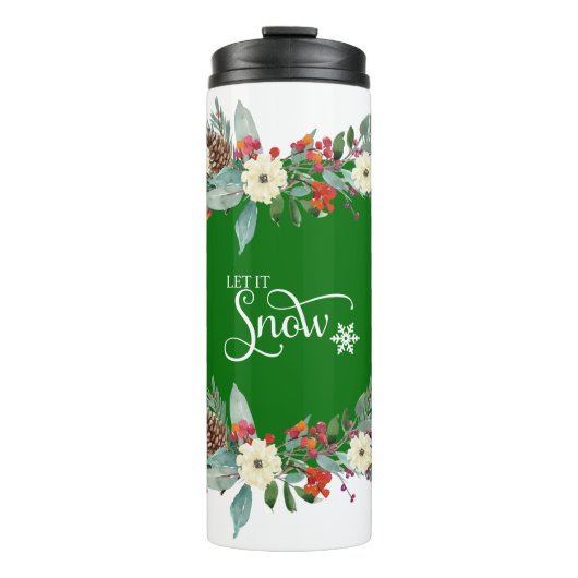 Kerst bloem grens-Laat het sneeuwtypografie 2 Thermosbeker (Voorkant)