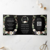 Kerst Bloem Monogram QR Code Zwart Bruiloft Drieluik Uitnodiging (Binnen)