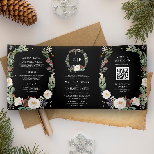 Kerst Bloem Monogram QR Code Zwart Bruiloft Drieluik Uitnodiging