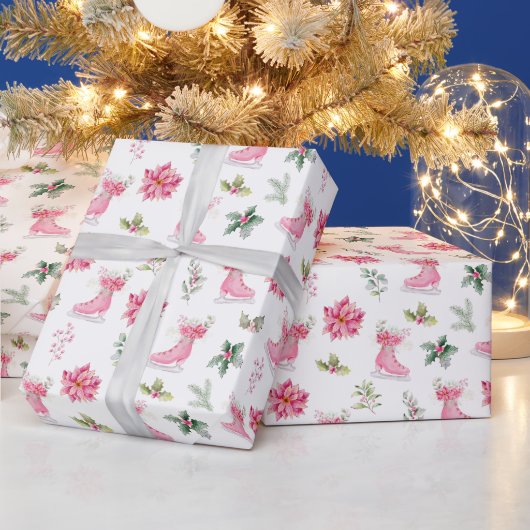 Kerst Bloem Roze Schaatsen Cadeaupapier (Feestdagen)