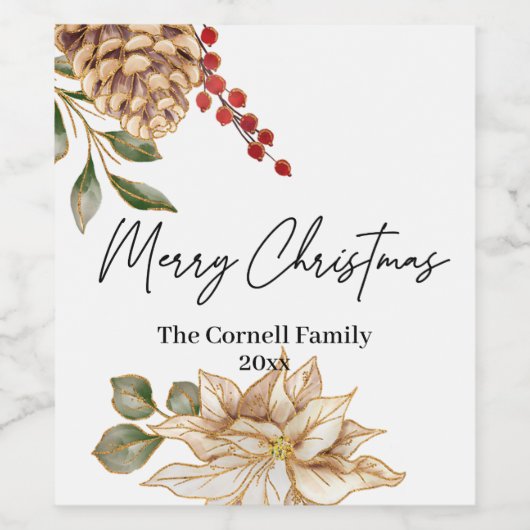 Kerst Bloem Waterverf Wijn Etiket (Enkel label)