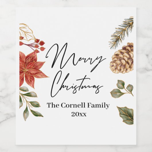 Kerst Bloem Waterverf Wijn Etiket (Enkel label)