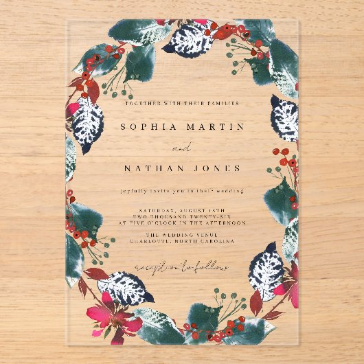 Kerst Bloemblad Clear Wedding Acryl Acryl Uitnodigingen (Voorkant)