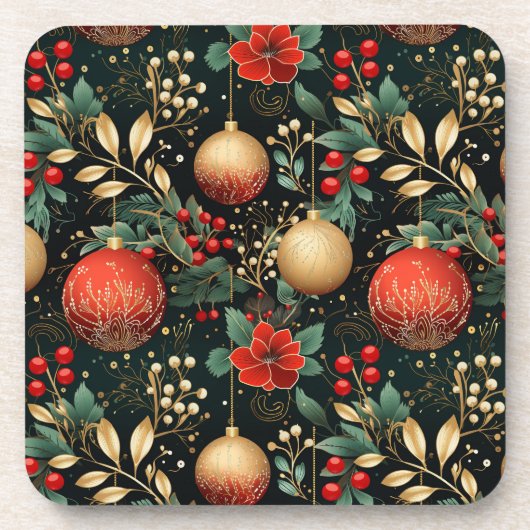 Kerst Bloemen Berry Goud Rood Ornament Bier Onderzetter (Voorkant)