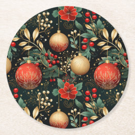Kerst Bloemen Berry Goud Rood Ornament Ronde Kartonnen Onderzetter