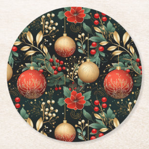 Kerst Bloemen Berry Goud Rood Ornament Ronde Kartonnen Onderzetter