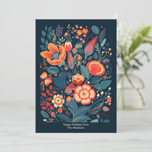 Kerst Bloemen Folk Art Deep Forest Groene Vakantie Feestdagenkaart (Staand voorkant)