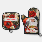 Kerst Bloemen Gepersonaliseerde Chef Mam Foto Ovenwant & Pannenlap Set (Voorkant)